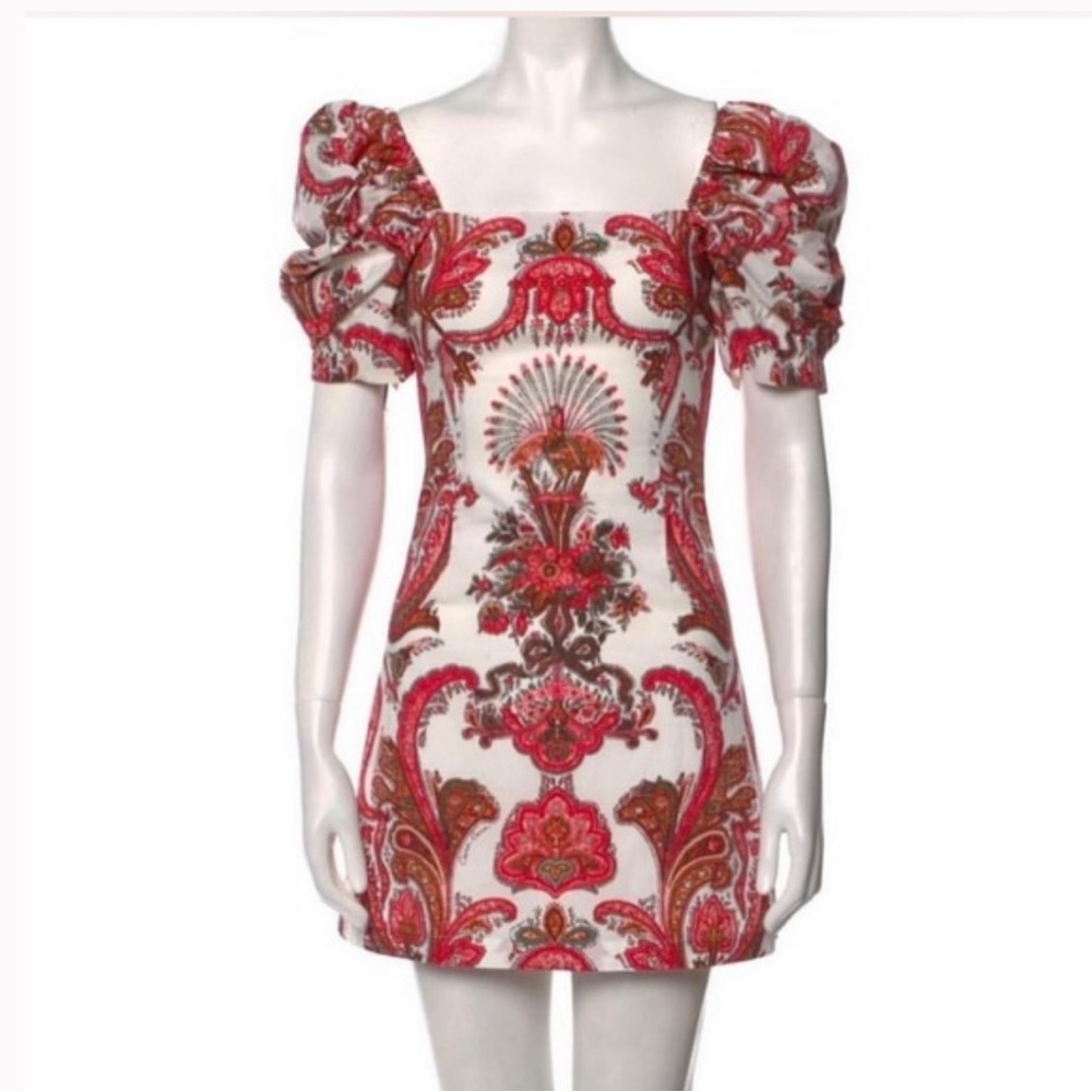Cara Cara babydoll puff sleeve pencil Mini Dress batik pink red milkmaid cottage